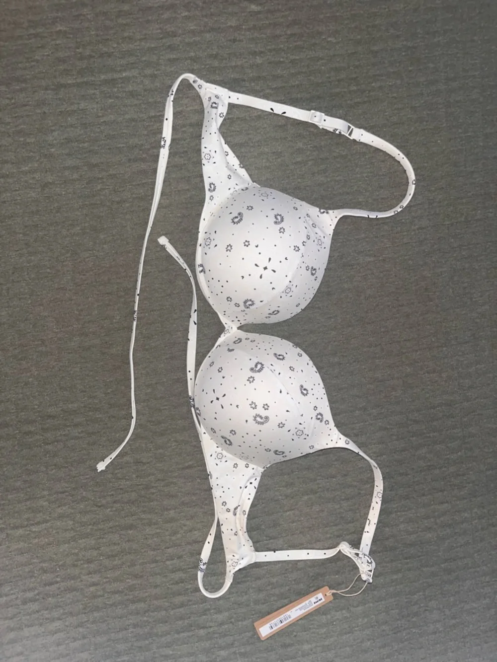SKIMS White Bikini Top with Delicate Gray Floral Print